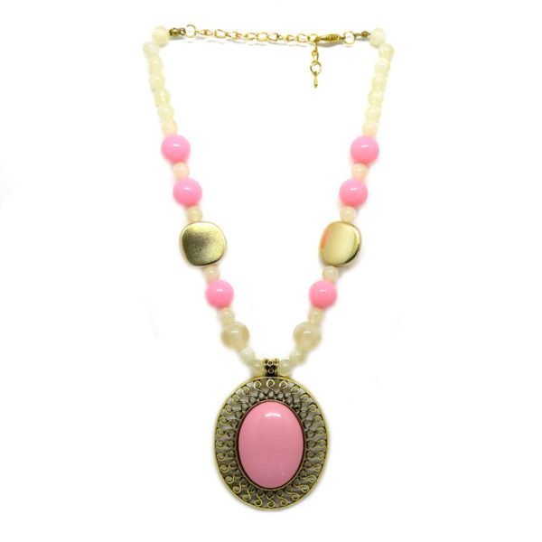 Colar com Bolas e Chaton Oval Rosa