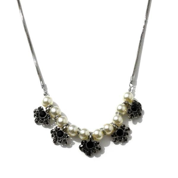 Colar Floral Prata com Strass Preto Colar Floral Prata com Strass Preto