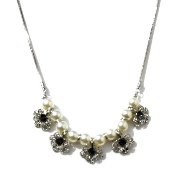 Colar Floral Prata com Strass Esverdeado