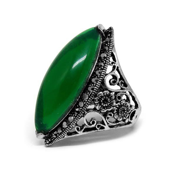 Anel Boho Floral Prata Velha com Verde - ARO 20 Anel Boho Floral Prata Velha com Verde