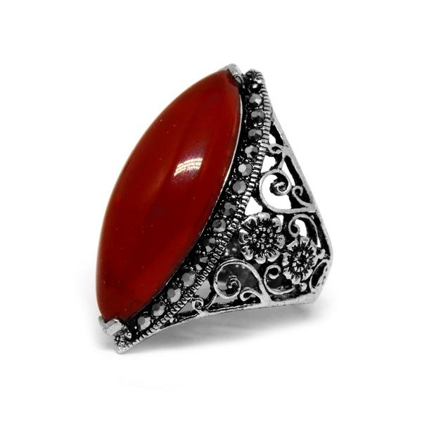 Anel Boho Prata Velha com Vermelho - ARO 26 Anel Boho Floral Prata Velha com Vermelho