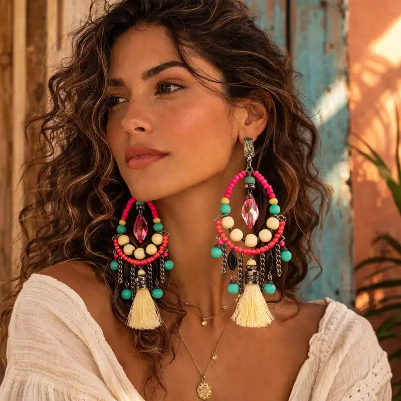 Brincos de Miçangas Rosa Neon e Branco com Tassel! Brincos de Miçangas Rosa Neon e Branco com Tassel! - Imagem 2