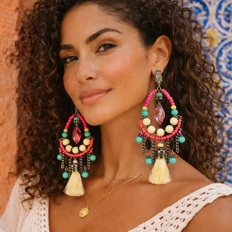 Brincos de Miçangas Rosa Neon e Branco com Tassel! Modelo usando maxi brinco boho colorido com tassel e pedra rosa